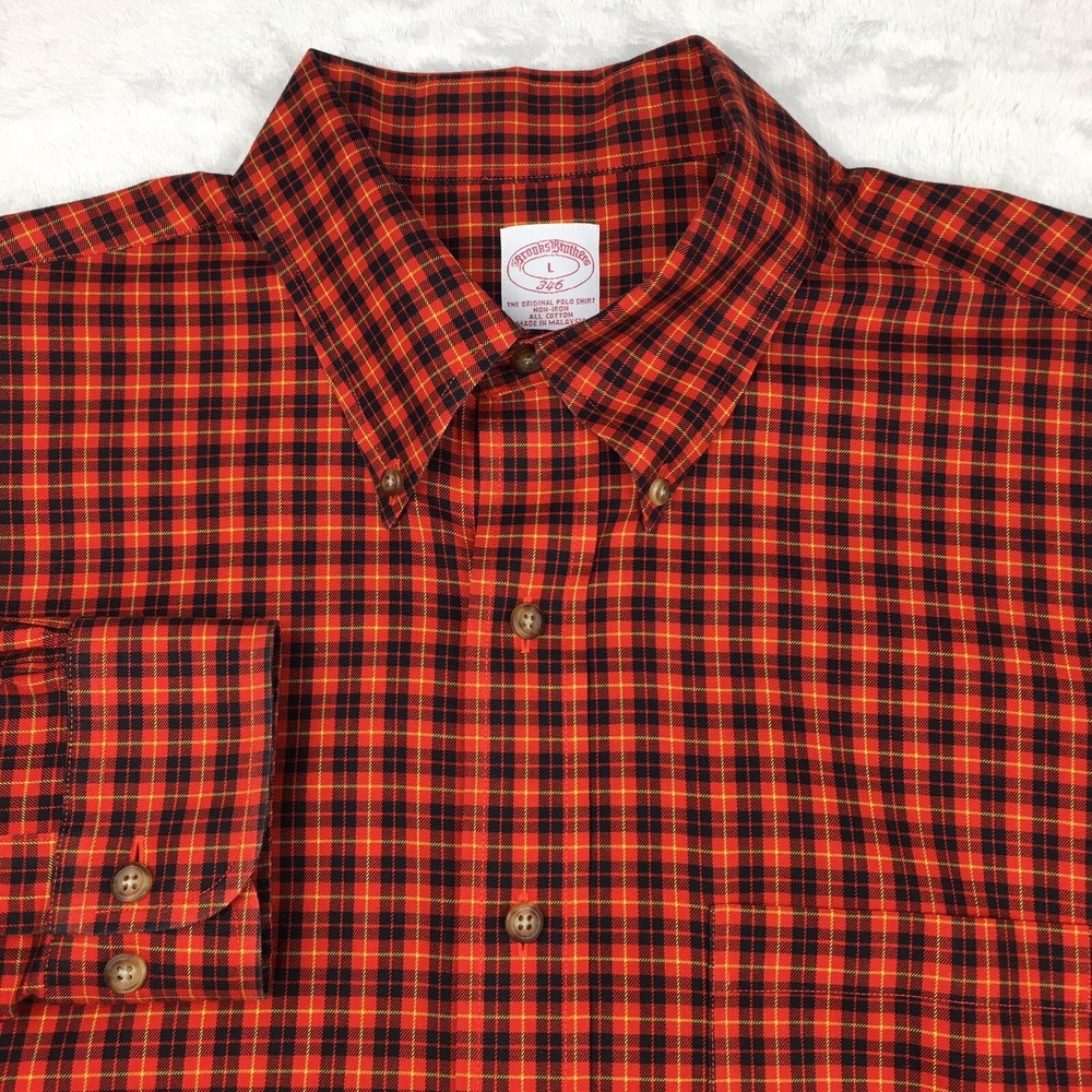 Brooks Brothers Men's Large Dress Shirt Orange Plaid Non-Iron 346 Long Sleeve